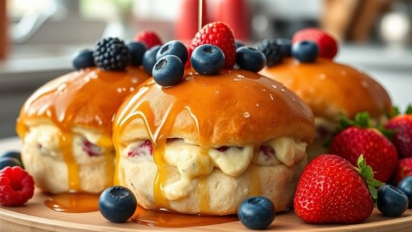 High Protein Triple Berry Buns drizzled with syrup and fresh berries.