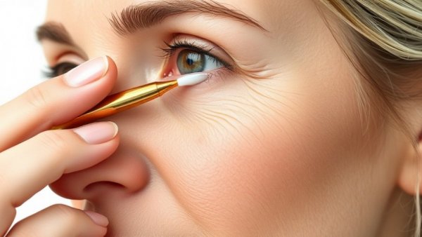 Woman applying eye cream with a golden applicator close-up