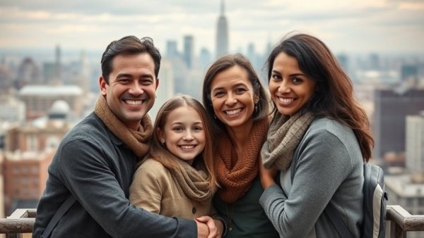 Family connections in Brooklyn, group smiling with cityscape.