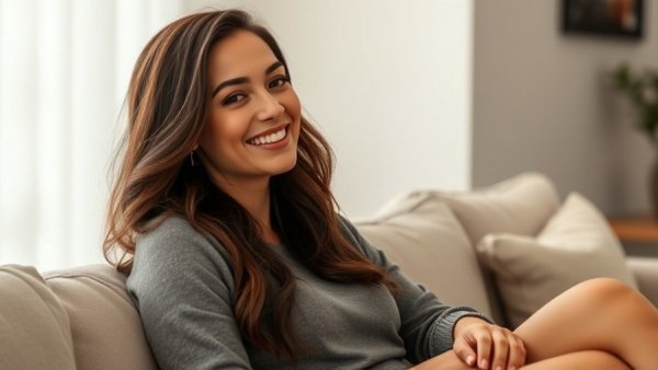 Smiling woman sitting on a sofa, HRT for Menopause, relaxed environment.