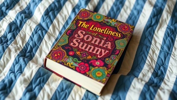 Vibrant novel cover of 'The Loneliness of Sonia and Sunny' on quilt.