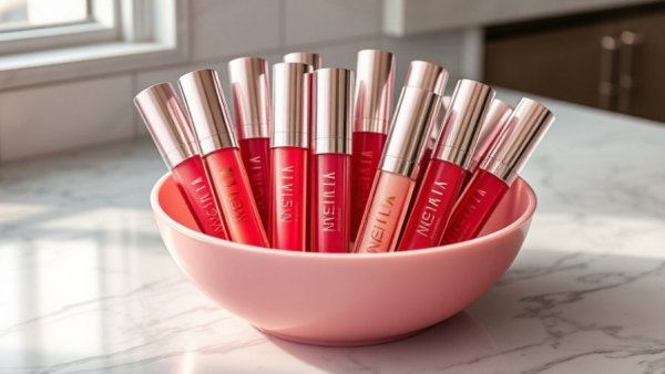 Vibrant ILIA lip glosses displayed in a pink bowl for Overglaze Lip Gloss review.