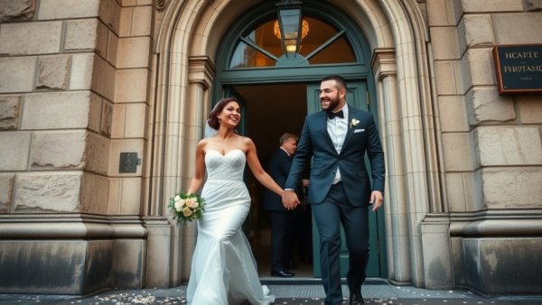 Joyful couple leaving City Hall wedding NYC with rose petals.