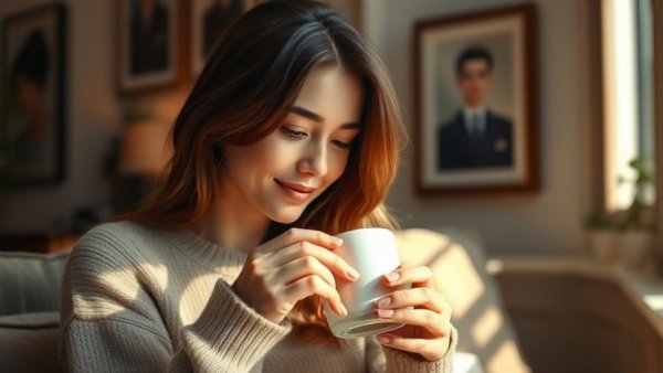 Young woman sipping coffee in cozy room, skipping breakfast.