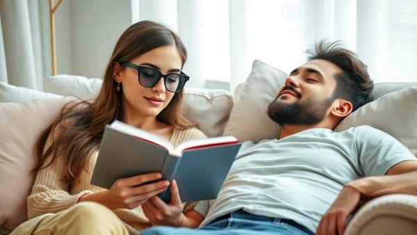 Relaxed couple on sofa, woman reading as man sleeps nearby.