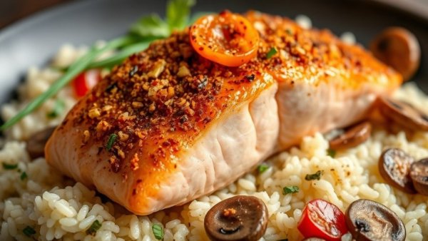 Chili Crunch Salmon with creamy coconut rice and mushrooms.