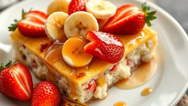 Strawberry banana cottage cheese breakfast bake with honey glaze