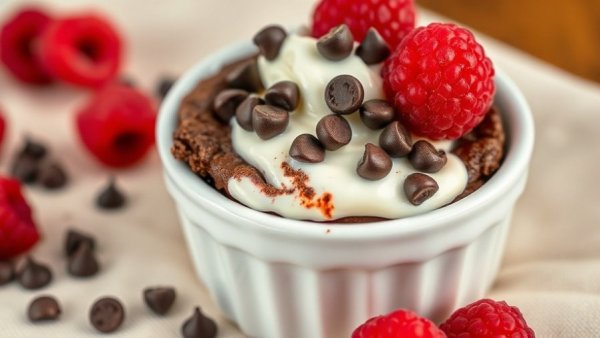 Single-serve cottage cheese brownie topped with cream and raspberries.