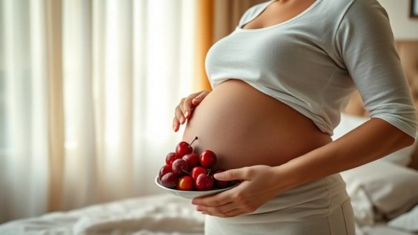 Pregnant woman enjoying last meal before giving birth with cherries.