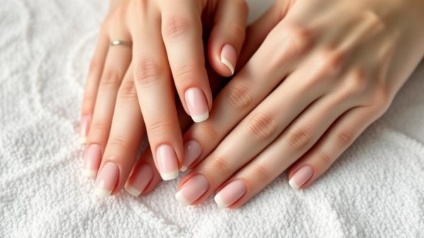 Elegant cloudy French nails resting on a white towel, detailed close-up.
