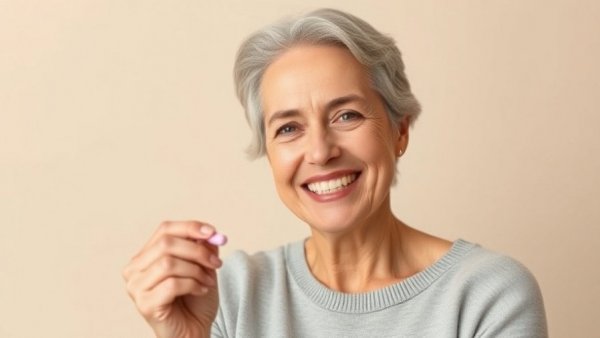 Confident woman holding an effective multivitamin pill with a smile.