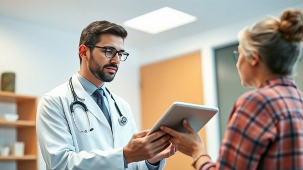 Doctor consulting patient, highlighting mind gut connection, in medical office.