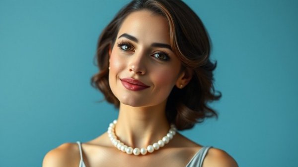Woman in pearls with soft blue background showcasing a confident pose.