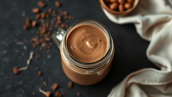 Creamy chocolate collagen drink in a jar on a dark table with cloth.