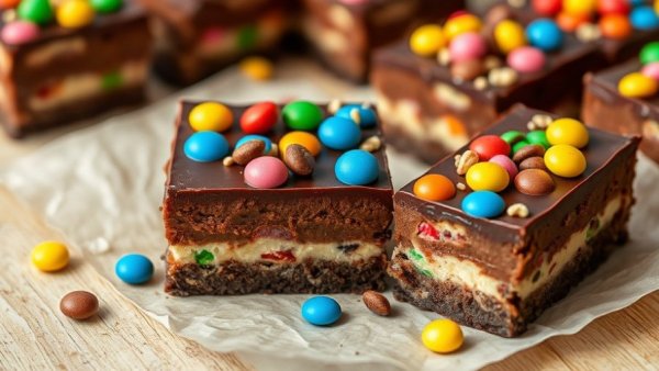 Cottage Cheese Cheesecake Bars topped with colorful candies and nuts.