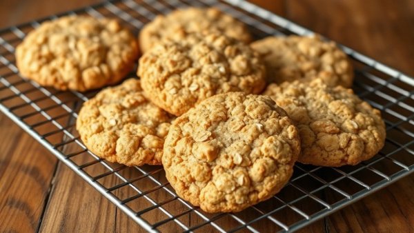 Golden oatmeal lace cookies cooling on a rustic wire rack.