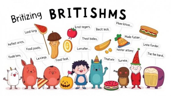 Cartoon illustrating funny Britishisms with foods and phrases.