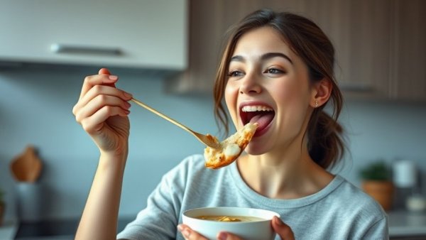 Playful young woman eating playfully in kitchen, soft lighting.