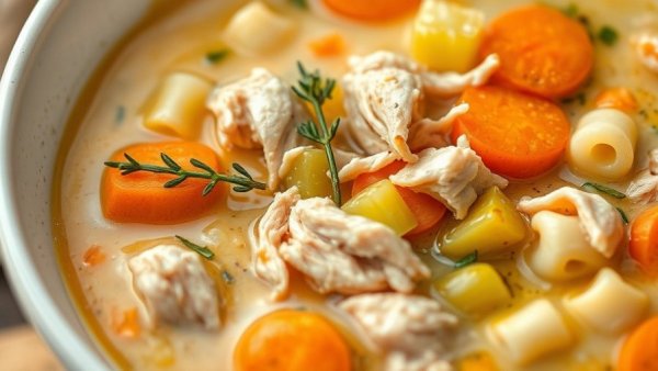 Close-up of high protein creamy chicken soup with vibrant ingredients.