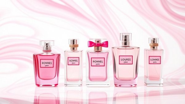 Luxurious pink fragrance bottles in January's best new fragrances display.
