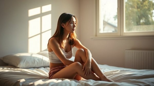 Woman sitting on bed in soft light, contemplative mood