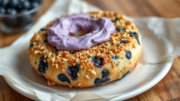 Close-up of Blueberry Crunch Protein Bagel with cream cheese.