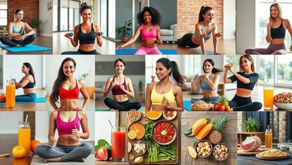Perimenopause Fitness Program: women exercising and healthy foods.