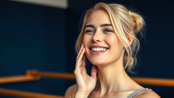 Joyful woman touching her face to build collagen while on a GLP-1.