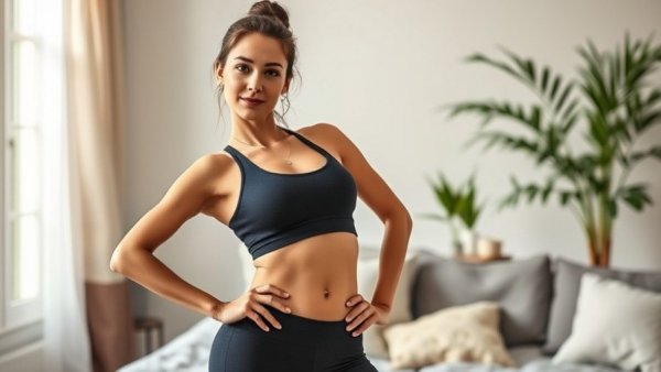 Affordable activewear under $30 worn by a confident woman, cozy room background.