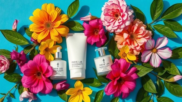 Indie Lee Botanicals skincare products with vibrant flowers and leaves.