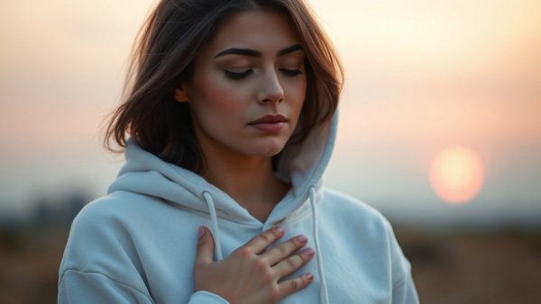 Calm woman meditating outdoors, highlighting heart health awareness.