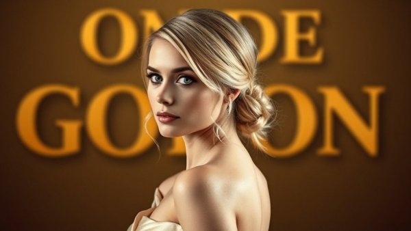 Elegant woman with a low knot hairstyle against a golden background.