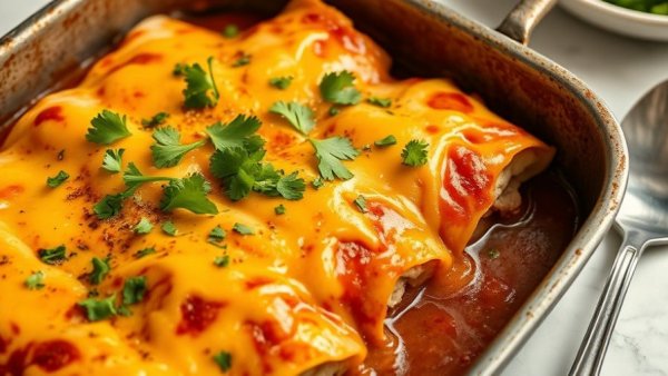 Rotisserie chicken enchiladas with cheese and cilantro garnish.