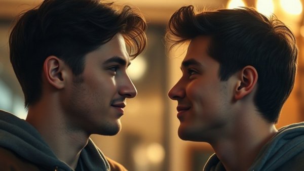 Close intimate moment between two young men.