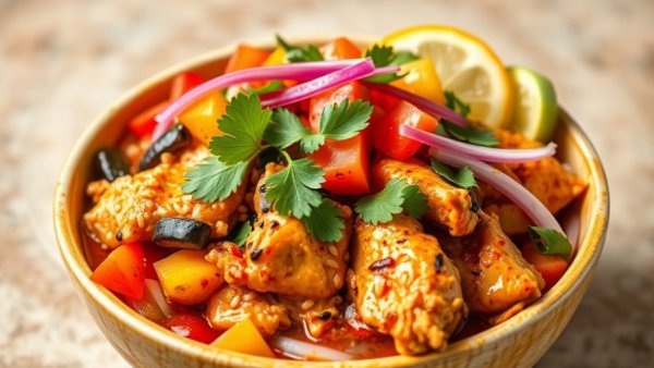 Easy chicken tinga bowl with toppings in close-up view