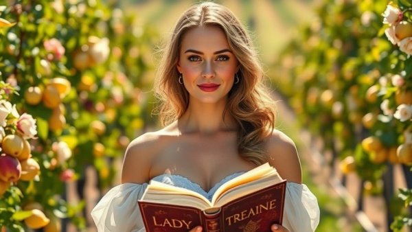 Lady Tremaine as the Biggest Book of 2026: Elegant woman in vineyard, stylized book with flowers.