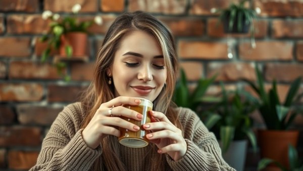 Woman enjoying a brain-boosting coffee, relaxed setting.