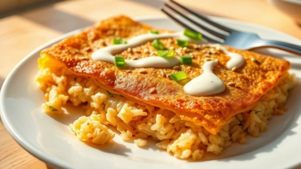 Crispy fried rice omelette on a plate with sauce and garnishes.