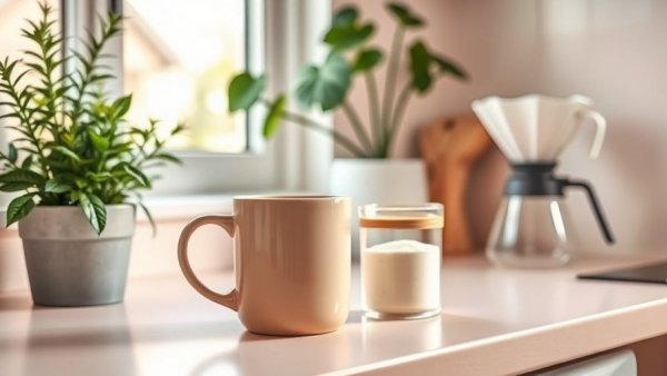 Cozy kitchen with coffee mug and collagen jar to maximize collagen effectiveness.