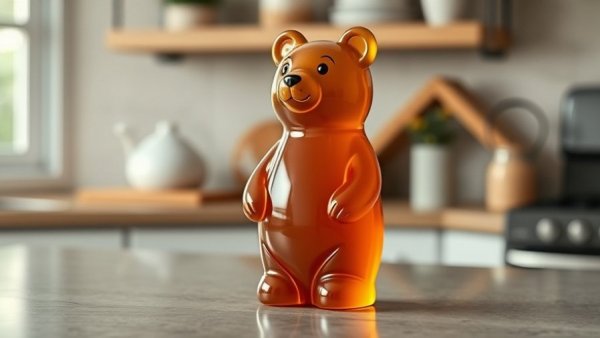 Bear-shaped honey bottle as a natural cough remedy.