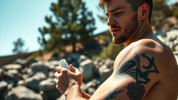 Tattooed man using natural deodorant in outdoor setting, clean body care line