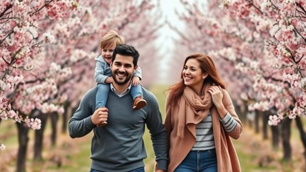 Family walking in blooming orchard, spring day inspiration.
