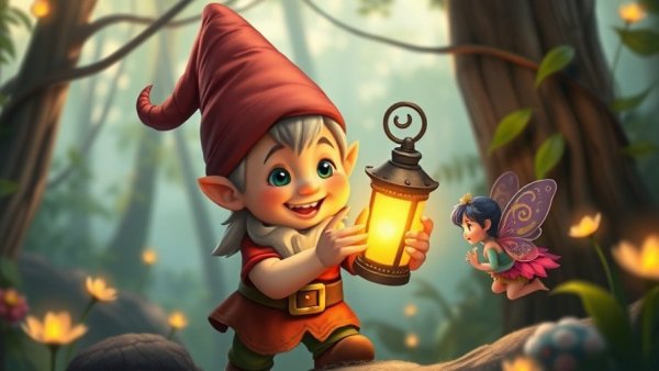 Fantasy gnome with fairy in glowing forest scene