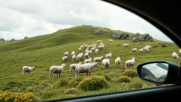 Serene sheep grazing on a hillside, viewed from a car window.