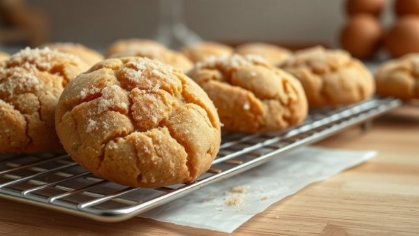 Golden-brown snickerdoodle cookies on a wire rack.