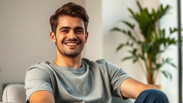 Smiling man in a dopamine-optimizing morning routine setting