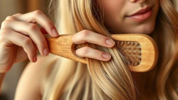 Close-up of brushing long blonde hair, related to FDA trials for hair loss treatment.