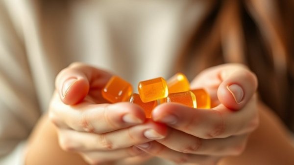 Close-up of hands holding orange Grüns Gummies Immune Support, soft lighting.