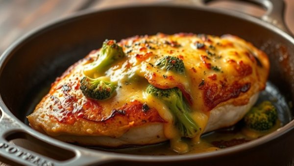 Broccoli and cheese stuffed chicken breast in a pan.