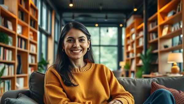 Smiling woman sitting in a modern cozy interior with bookshelves.